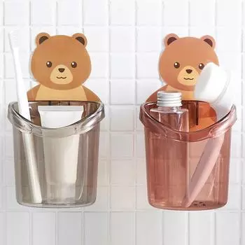 Стакан для зубных щеток в форме медведя для ванной комнаты, полка для хранения зубной пасты, настенный слив для ванной комнаты без перфорации, стакан для хранения медведя серый