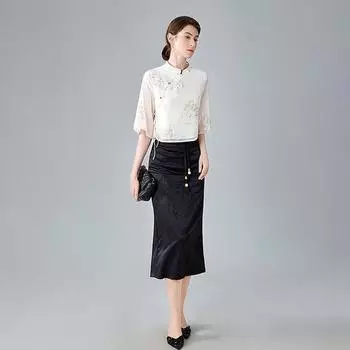 Stand-collar Printed Chiffon Shirt for Women New Women s Retro Button Mid-sleeved Shirt for Chinese Style Lace-up Short Top S
