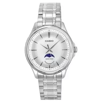 Стандартные аналоговые часы Casio с фазой луны из нержавеющей стали, серебряный циферблат, кварцевые мужские часы MTP-M100D-7A серебряный