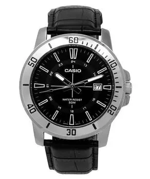 Стандартные аналоговые мужские часы Casio с черным кожаным ремешком и черным циферблатом MTP-VD01L-1C