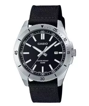 Стандартные аналоговые тканевые часы Casio с черным циферблатом, кварцевые мужские часы MTP-B155C-1E