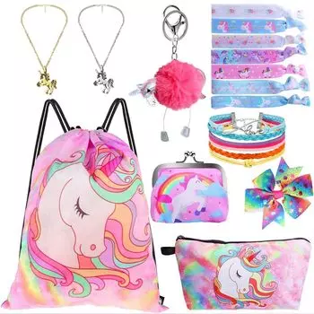 Standie 9PCS Drawstring Backpack для Unicorn Gift для девочек включает в себя косметичку, браслет, ожерелье, набор резинок для волос для Unicorn Party Favors (9шт)