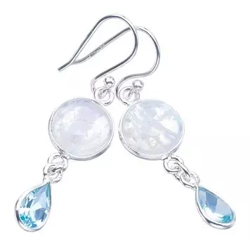 STARGEMS ® Серьги из серебра 925 пробы с натуральным лунным камнем и голубым топазом ручной работы 1,5 дюйма F5960