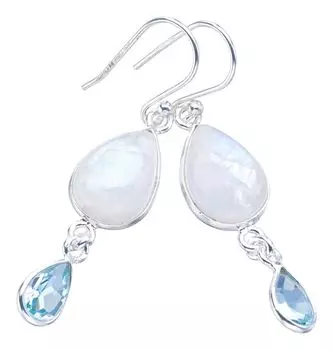STARGEMS ® Серьги из серебра 925 пробы с натуральным лунным камнем и голубым топазом ручной работы 1,75 дюйма F5928