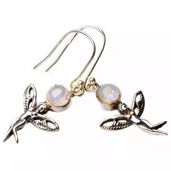 StarGems® Natural Rainbow Moonstone Fariy Handmade 925 Sterling Silver Earrings 1.5 D7299