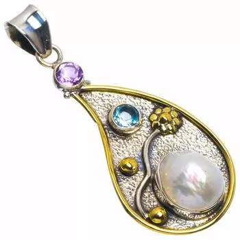 STARGEMS Подвеска из серебра 925 пробы с натуральным двухцветным жемчугом Бива, аметистом и голубым топазом 2 дюйма B4038