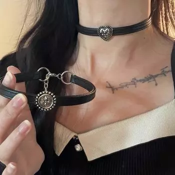 Старинное ретро-ожерелье, черный кожаный ошейник-чокер, темный панк-субкультурный ошейник-цепочка на ключицу, тонкий