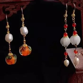 Старинные серьги Серьги ханьфу Женские ретро-серьги с кисточками из жемчуга Cheongsam Крючок для ушей Старинные аксессуары Хурма Тыква оранжевый