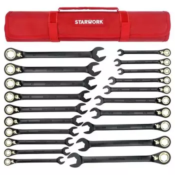 STARWORK TRUE Ratchet Wrench 120T Head Gear XL Набор ключей с трещоткой и сумкой для хранения 20 предметов MECHANIC™ двойного назначения с нескользящей поверхностью (SAE/Метрическая система)
