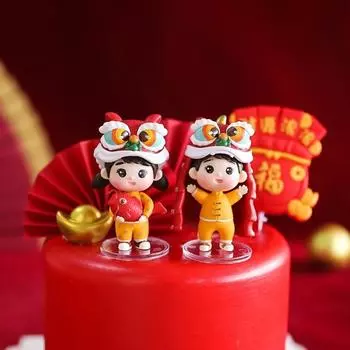 Статуэтка мальчика, танцующего льва, мальчик и девочка в китайском стиле, украшение на красный торт на китайский Новый год, весенний фестиваль, фигурки, миниатюры