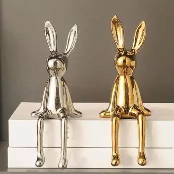 Статуэтка сидящего кролика, скульптура для дома, гостиной, крыльца, тумбы под телевизор, винного шкафа, украшения офиса, орнамент золотой
