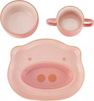 staub Baby Kids Tableware 4 шт. Набор розовых тарелок, мисок, кружек, японская керамическая посуда STAUB Baby Kids Ceramic & Pig для детей [Авторизованный продукт] и розовый