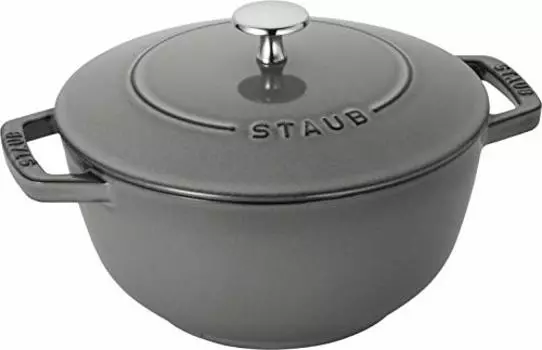 staub Wa-NABE 40501-010 Wanabe Gray L 20cm Two-Handed Cast Iron Pot, Rice Cooking, 3 Pieces, Induction Compatible