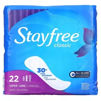 Stayfree, классические, супердлинные прокладки, без отдушек, 22 упаковки