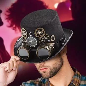Steampunk Hat Gothic Top Hat with Cosplay Party Goggles for Magician Stage Costume Halloween Accessory Disguise чёрный
