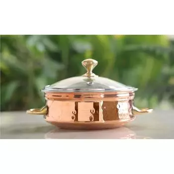 Steel Copper Handi with Brass Handle & Glass Lid No. 3, Serveware Casserole with Handle (Volume - 700 ml)
