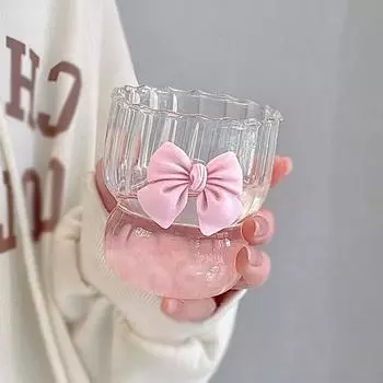 Стеклянная чашка с розовым бантом, милая чашка для воды, стеклянная чашка с мультяшным бантом, полосатая милая кофейная кружка с каракулями, домашний фруктовый чай, лимонад, подарок для девочек темно-розовый