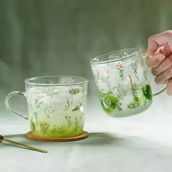 Стеклянная чашка с травой, кружки для питья, узор, боросиликатное стекло, молоко, кофе, вечеринка, сок, пиво, кухонная посуда для напитков, набор подарков на день рождения для леди 1pc