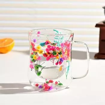 Стеклянные чашки Yousheng 220/300 мл с двойными стенками и изолированной ручкой, прозрачные стеклянные кофейные кружки, термостойкие, с цветочным узором, кружка для чая S C