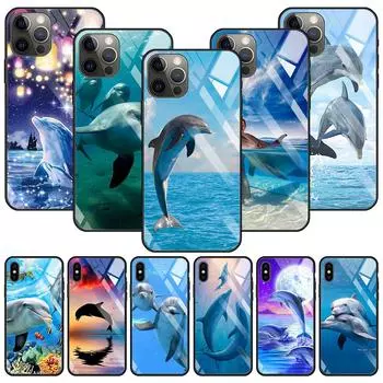 Стеклянный чехол с милым дельфином в виде синего морского животного для Iphone 12 11 Pro Max 14 13 12 Mini Fundas X Xr Xs Max 8 7 6s Plus, чехол Fundas For iPhone 14