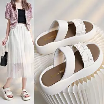 Stepping on shit soft leather black slippers women s summer wear non-slip pregnant women s sandals versatile casual beach one-word drag 35 чёрный