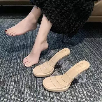 Stepping on shit, thick-bottomed waterproof table, transparent word with high-heeled slippers, women wear crystal and thick-heeled cool slippers in 35