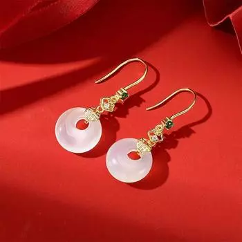 Серьги из стерлингового серебра S925 из натурального белого халцедона, легкие, роскошные, национальная мода, счастливое слово, пряжка для мира, мода, ретро-крючок для ушей 925