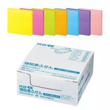 Стикеры Kokuyo Sticky Notes с сильным клеем K2 50 мм x 50 мм неоновые цвета 90 листов x 20 книг 7 цветов K2Me-KN5050X20
