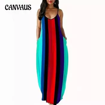 Стильное летнее женское полосатое платье с бретельками через шею большого размера, длинное платье 1XL разноцветный
