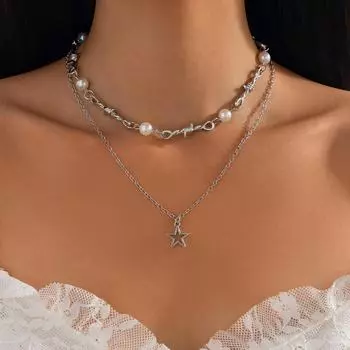 Стильное многослойное ожерелье из сплава жемчуга и звезд K necklace 6938 белый