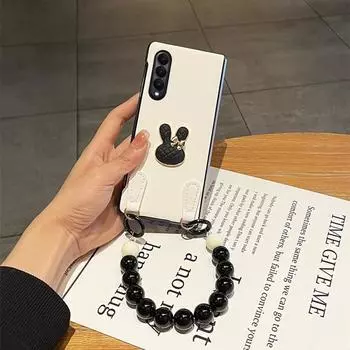 Стильный милый кожаный чехол для телефона с кроликом для Samsung Galaxy Z Fold 3 Z Fold 4 Z Fold 2 5g, черный чехол для браслета с бусинами, принципиально For Z Fold 4