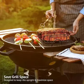 Стойка для гриля LMETJMA BBQ Rib Racks с антипригарным покрытием, для жарки мяса, на гриле, вмещает 4 решетки для газового гриля JT25t серебряный