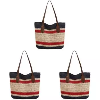 Straw Shoulder Bag for Women Color Strip Summer Beach Bag Tote Bag (Blue)