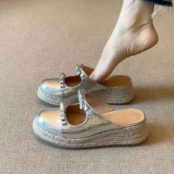 Straw thick-soled fisherman s shoes women s summer new heightening bow shallow mouth one-word bag head slippers 35