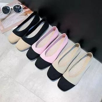 Stretch Knit Fabric Shoes Ballet Flats Patchwork New Women Flat Heel Anti Skid Slip On Breathable Loafer Female884 35 бежевый