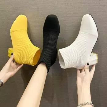 Stretch Sock Boots for Woman Square Heel Yellow Knitting Footwear Elastic Cottton Boots Lady Footwear Fashion Women s Shoes 2024 35 бежевый