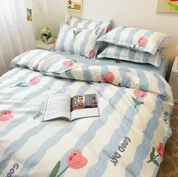 Striped Flower Duvet Cover Set + Flat Sheet + 2pc Pillowcases Single Double Twin Queen King Size Bed Linen Bedding Textile B90F AU-Sigle150x200 4pcs