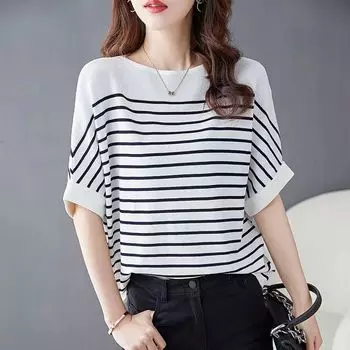 Striped Patchwork Blouse Women Half Sleeve Office Wear Summer T-shirt Loose Casual O-neck Tunic Tops 5XL