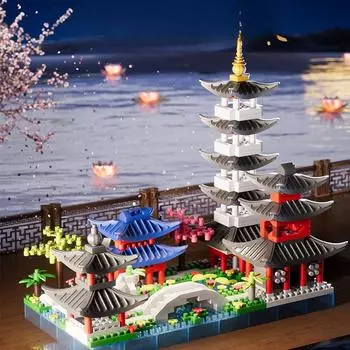 Строительные блоки из микрочастиц Hangzhou West Lake, китайский стиль, сложная головоломка для взрослых, игрушка в подарок для мальчиков и девочек 18*9.5*16.5cm