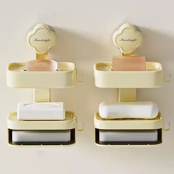 Strong Plastic Suction Cup Soap Box Punch-free Drill-free Sponge Drain Rack Double-layer Draining Water Soap Holder Accessories