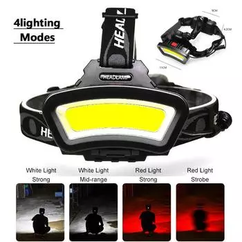 Strong Power USB Rechargeable Headlamp Use 18650 Battery Waterproof COB LED Headlight Red Light Warning Light Head Front Light