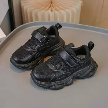 Students Sneakers Thick Soft Sole Trendy Children Running Shoe Solid Color Versatile 2024 New Fashion Kids Sports Shoes Non-slip 22 чёрный