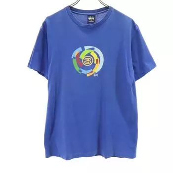 STUSSY 90-е Синий ярлык Сделано в США Принт Футболка с коротким рукавом M Синий Мужская Б/У