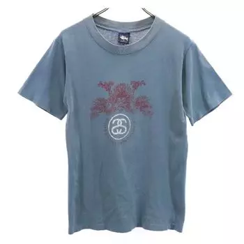 STUSSY 90-х годов Сделано в США Футболка с принтом Navy Tag с коротким рукавом S Голубоватая Мужская Б/У