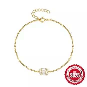 Stylish And Simple S925 Sterling Silver Square Diamond-Encrusted Round Bead Chain Daily Match Women S Bracelet Bracelet 925 Silver золотой