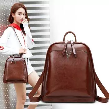 Stylish Anti-theft Backpack Women s Retro Oil Wax Leather Preppy Backpack Travel Chic Bag чёрный