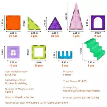SucceBuy 121 PCS Children Magnetic Tiles Set Magnetic Building Blocks STEM Educational Construction Stacking Toys for Kids Gifts