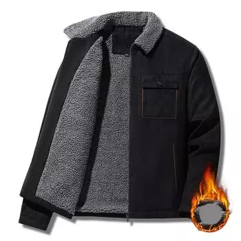 Suede and Velvet Middle Aged and Elderly Jacket, Autumn and Winter Men s Thick Jacket, European and American Workwear, Lamb Fleece Cotton Jacket XXXXXL чёрный