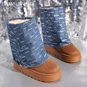 Suede Platform Women Mid Calf Boots Flats Fashion Casual Shoes Woman 2025 Trend Winter Designer Walking Warm Snow Botas Mujer 36 чёрный