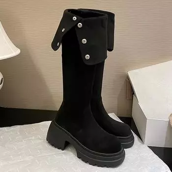 Suede Women High Boots Chunky Platform Knee High Shoes Pumps Winter 2024 Trend New Fashion Warm Plush Snow Botas Woman Shoes 35